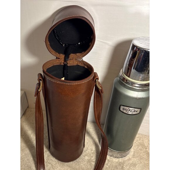 Stanley Aladdin Thermos Brown Leather Carrying Case Steel Cup Lid Vintage - Picture 2 of 16